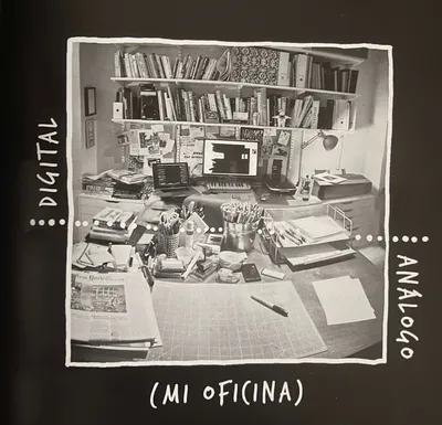 oficina de Austin Kleon donde muestra una diferencia entre la parte analógica y la parte digital bien diferenciada