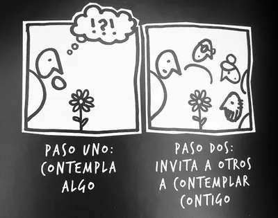 imagen de alguien observando una flor y luego ese alguien con más personas objservando la misma flor